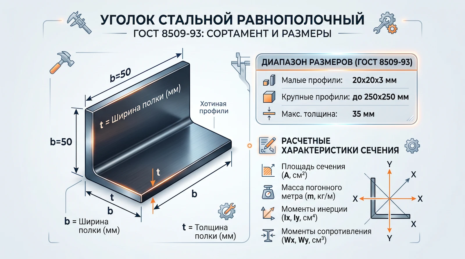 Сортамент стальных равнополочных уголков: таблица размеров и веса