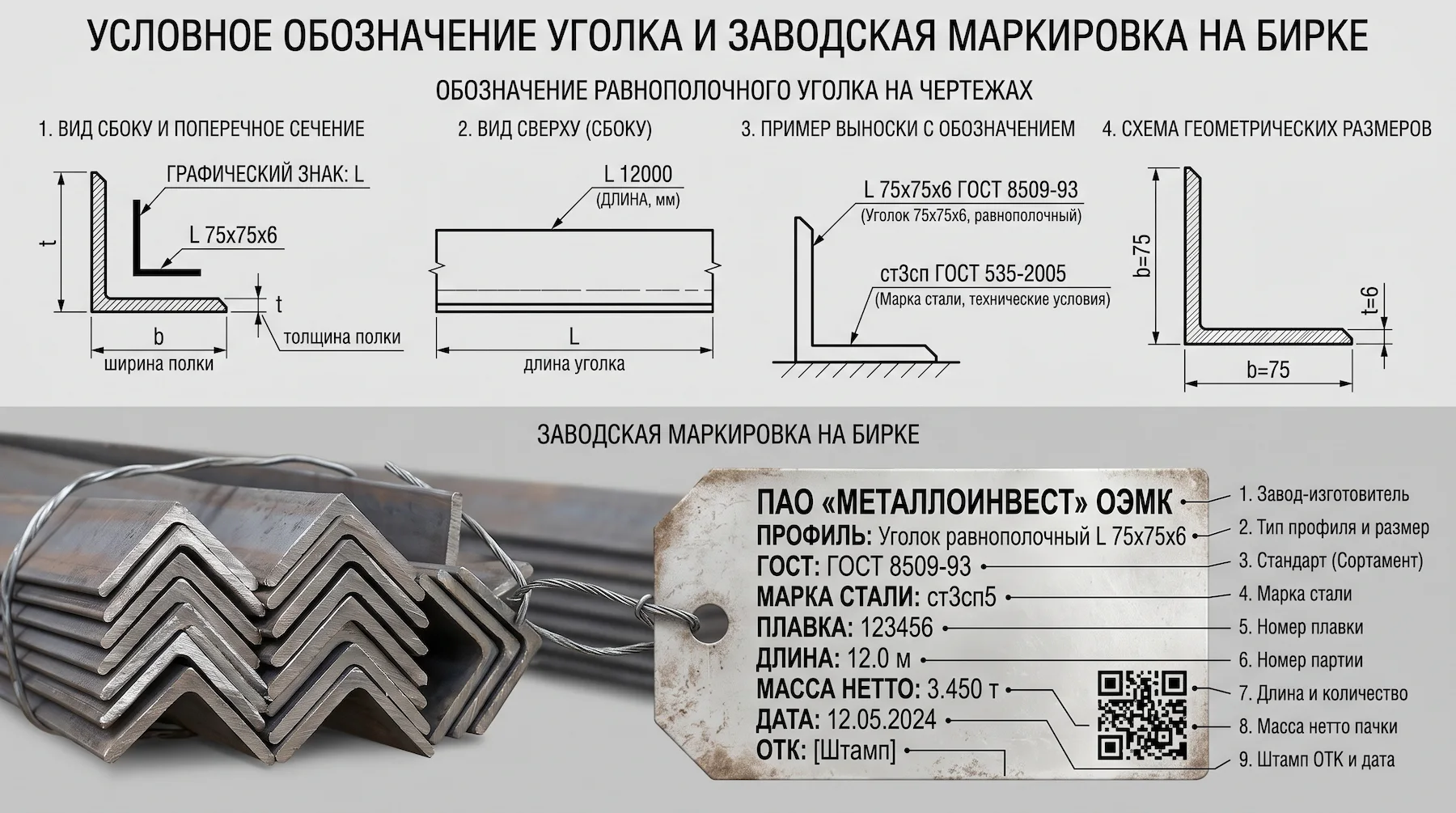 Обозначение равнополочного уголка на чертежах и маркировка на бирке