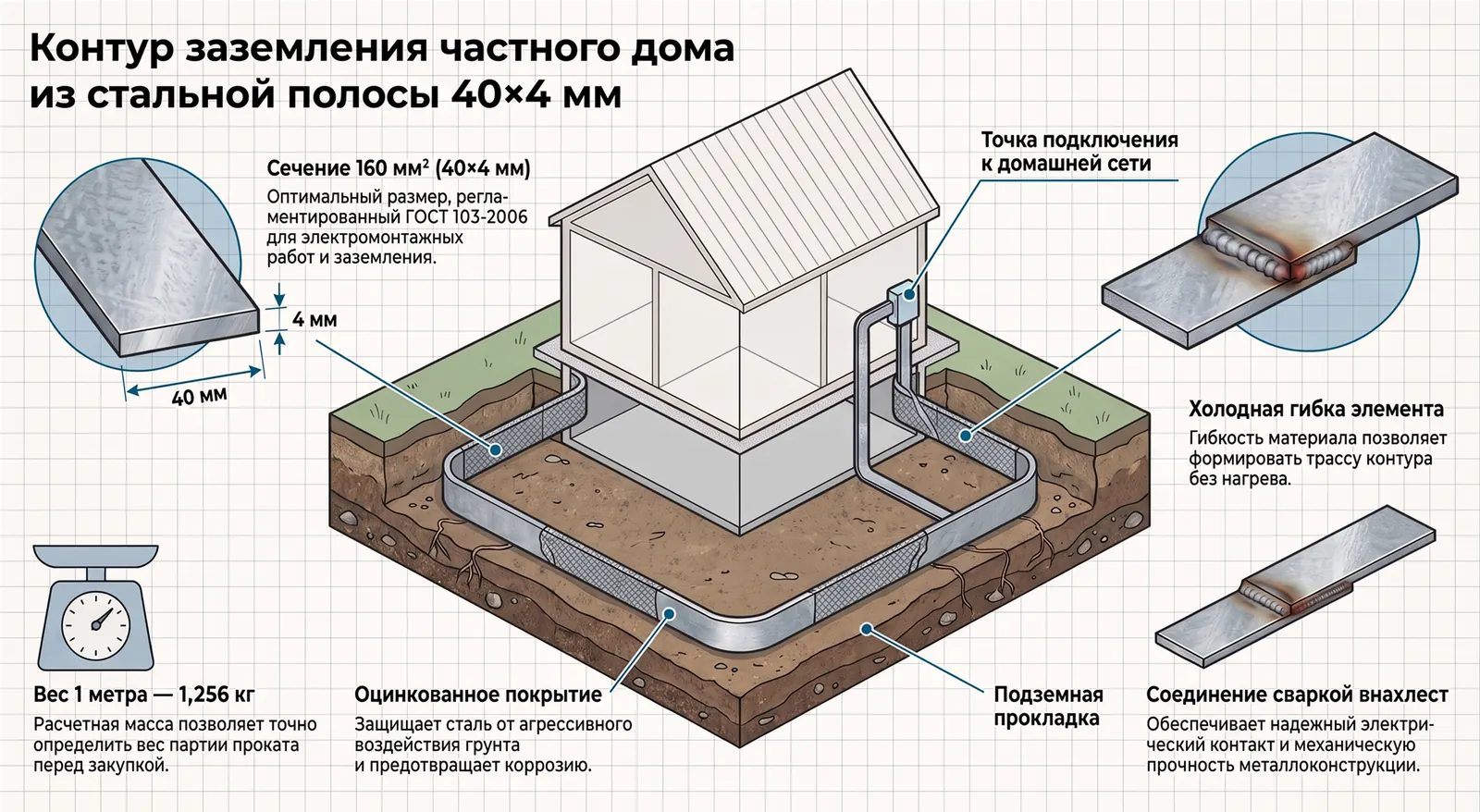 Контур заземления из стальной оцинкованной полосы 40×4 мм