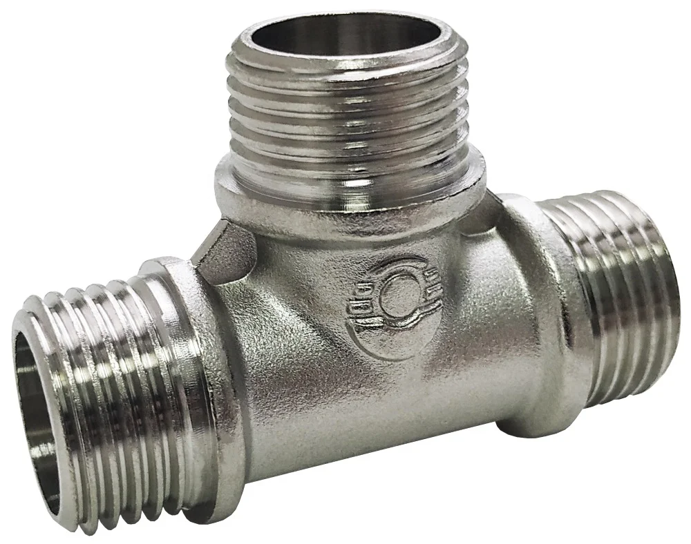 Тройник латунь никель переходной Ду 15х20х20 (1/2"х3/4"х3/4") НР/НР/НР Valfex VF.131.N.034, DN 15, 1/2 дюйма